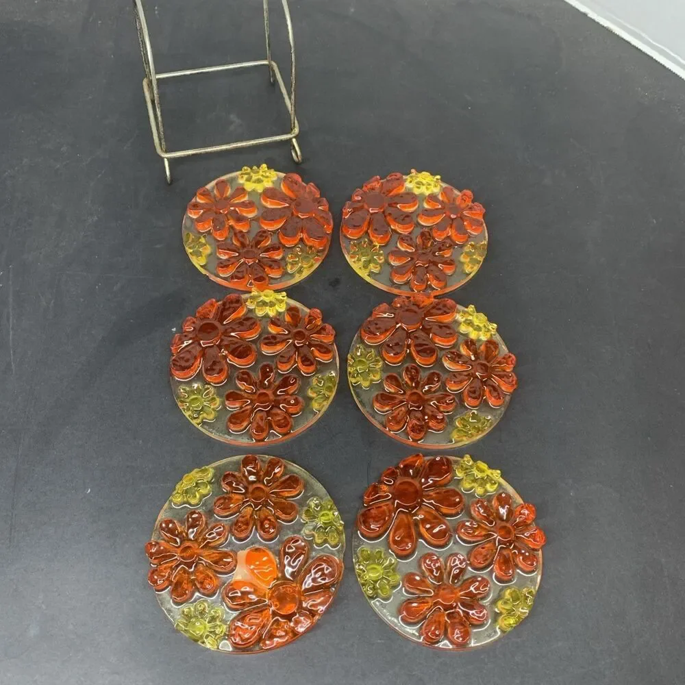 Vtg Flower Power Daisy Coaster Yellow Orange 70s Lucite Set of 6 w/Metal Holder